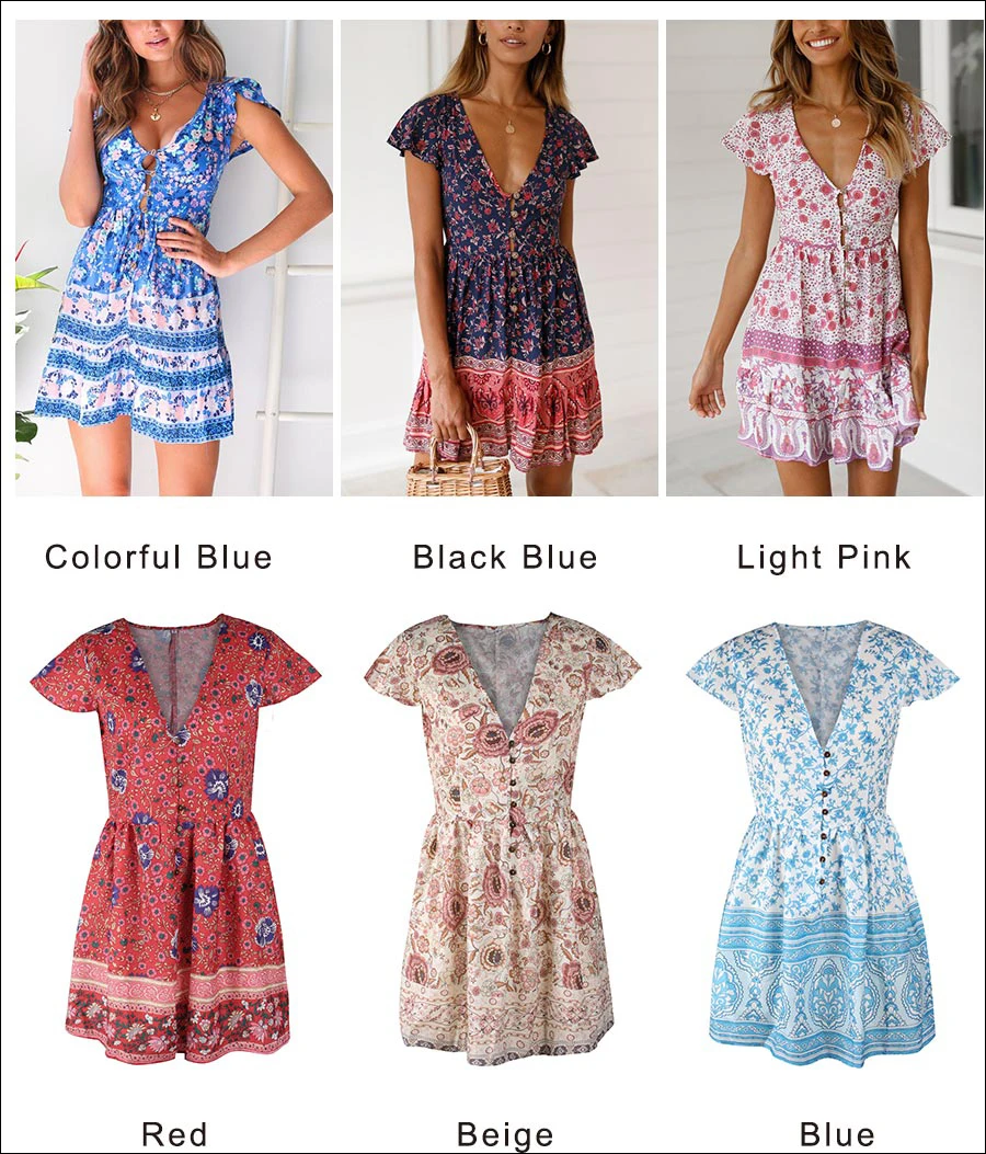 Gladiolus Fashion Summer Women Dress Short Sleeve Button Deep V Neck Sexy Floral Print Mini Boho Dress 2019 Ladies Beach Dresses (50)