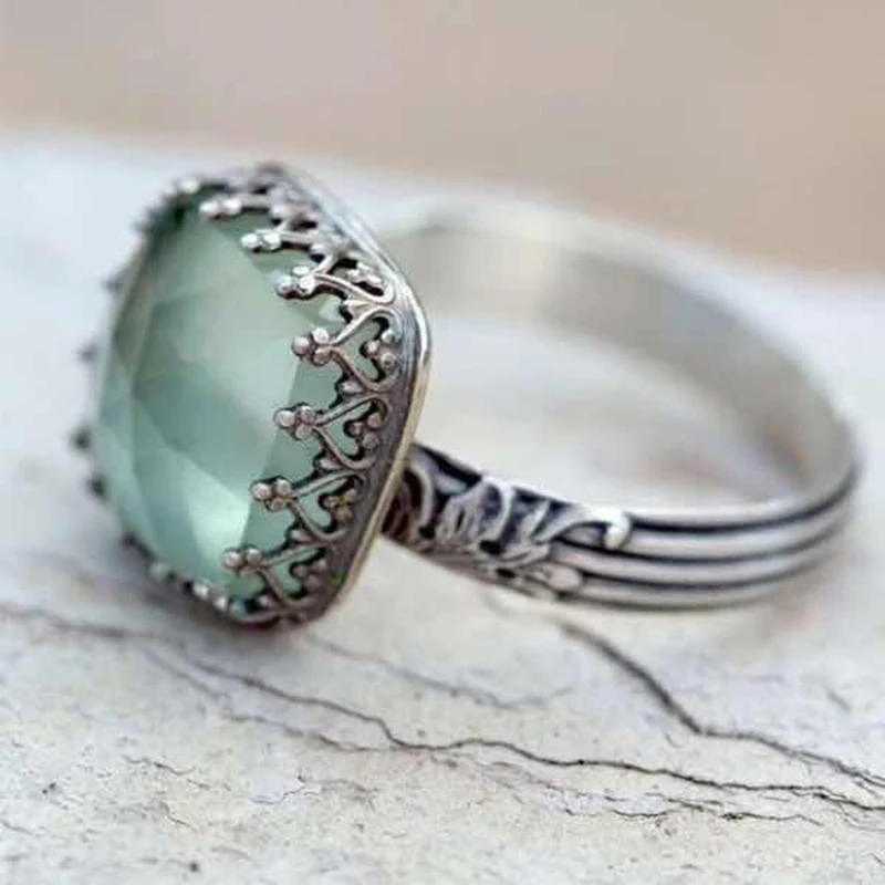 Модные Ретро тайский серебряный Монетный двор зеленый квадрат циркон лунный камень кольцо для Для женщин Обручение Вечерние