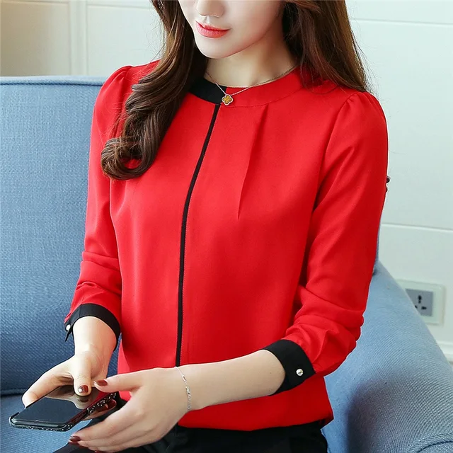 2018 Womens Red Blouses Fashion Autumn Winter Chiffon Shirts OL Long