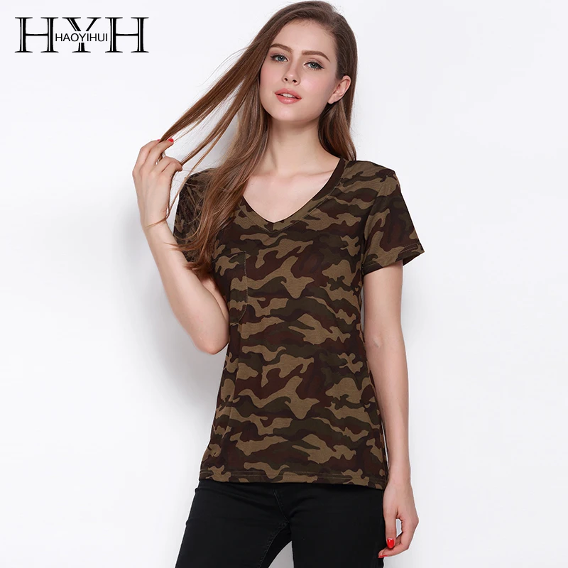 

HAOYIHUI New Summer Fashion Women T-shirts Slim Short Sleeves Camo Printed Tee Loose Army Green V Neck Camber Bottom Vogue Tops
