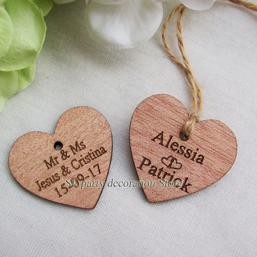  30/50/100pcs Personalized Engraved Wedding Name and Date Wooden Heart Tag Gift Favor Tag Bridal Sho - 32803502711
