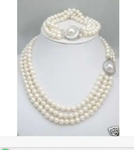 

FREE SHIPPING HOT sell new Style >>>> triple strands 9-10mm south sea white round pearl necklace &bracelet