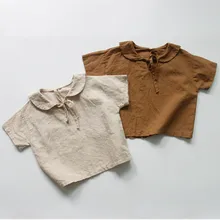 Новые летние хлопковые льняные рубашки для маленьких девочек, топы с короткими рукавами в Корейском стиле для девочек, детская одежда, повседневные блузки в консервативном стиле