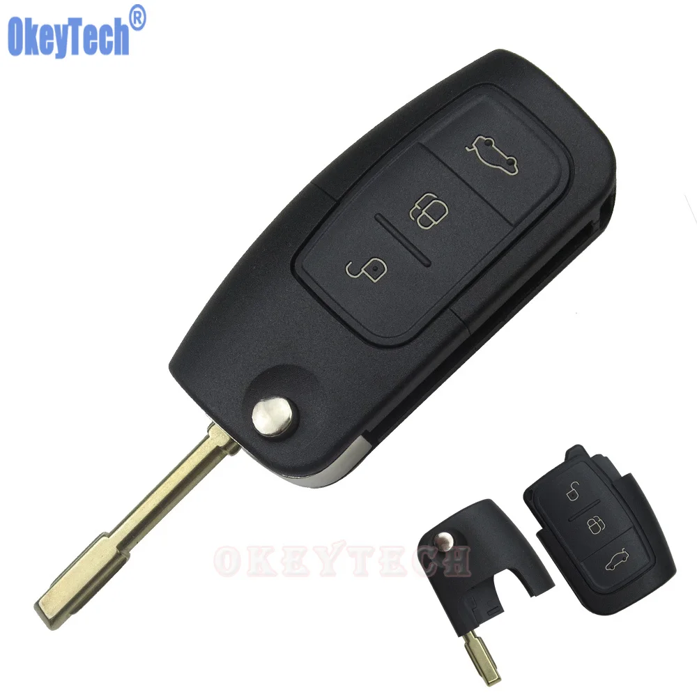 OkeyTech 3 Button Flip Folding Remote Car Key Case Shell For Ford C Max S Max Focus Mondeo Fiesta High Quality Replacement Cover
