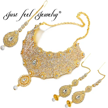 

JUST FEEL New India Dubai Gold Color Jewelry Sets Big Choker Necklace Earrings Rings Middle East African Bridal Wedding Gifts