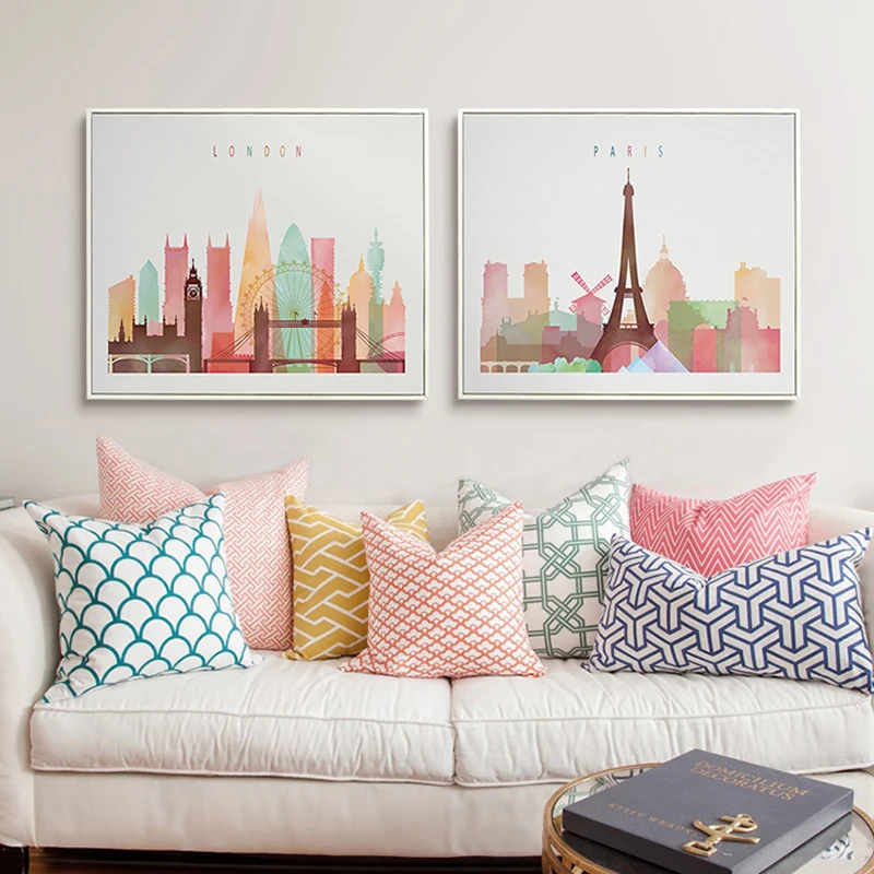 

Watercolor Modern London New York Paris City Poster and Print Canvas Painting Pop Wall Art Pictures Living Room Home Decorations