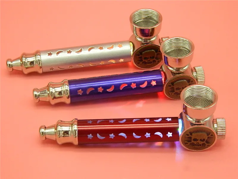 1PC Beautiful Hollow Smoking Pipe With Colourfull Lamp LED light Metal