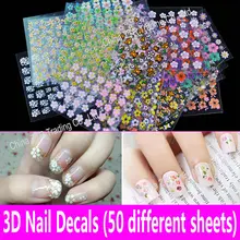 Décalcomanies d'ongle 3D autocollants d'art d'ongle 50 feuilles différentes enfants filles décoration d'ongle ensemble de motif de fleur manucure pédicure mixte(China)