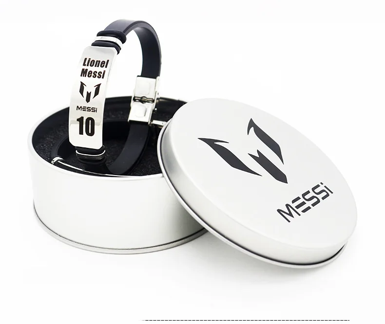 

1pcs hot sale super star signature for messi with metal box wristband silicone football sports bracelet stainless steel bangle
