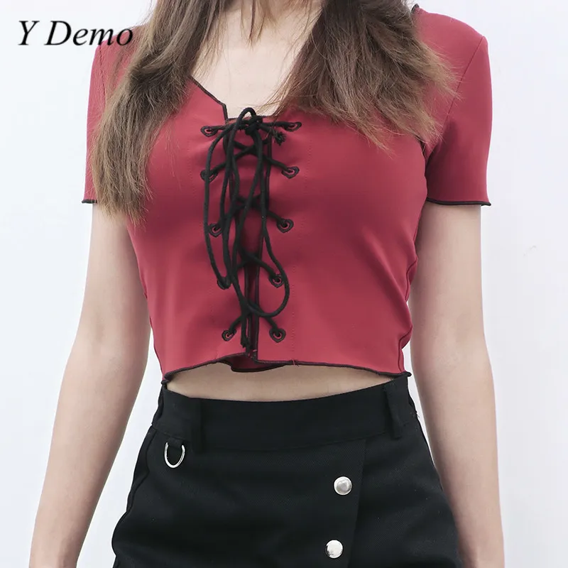 

New Casual V Neck Lace Up Women Short Sleeve Crop Tops Summer Slim T-shirt