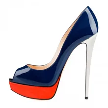Navy Blue Women Pumps Peep Toe With Red Platform High Heels OL Shoes Ladies Platforms Shoes Pumps Large Size 15 Slip-ons