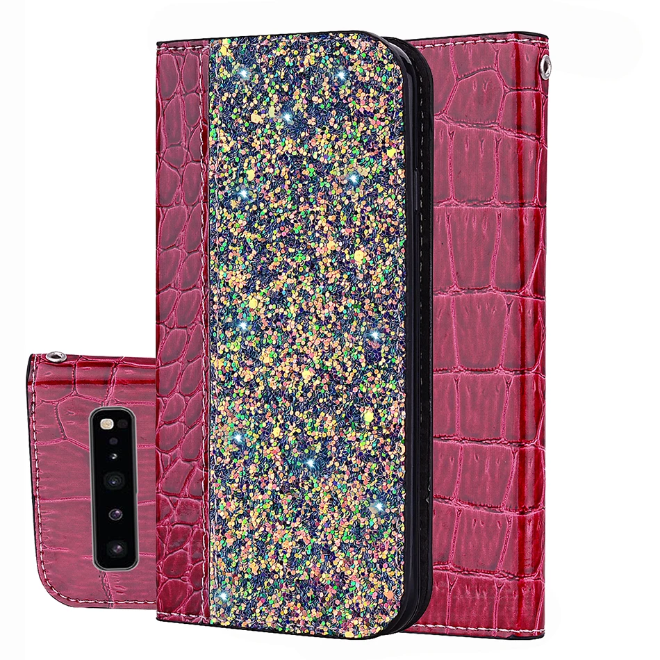 Crocodile Pattern Wallet Glitter Phone Case For Samsung Galaxy S10 5G S10E S9 S8 Plus Book Style A20e A30 A40 A50 A70 Back Cover