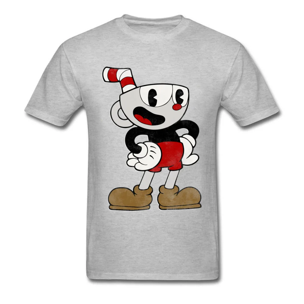 Cuphead Pose Cotton Fabric Tops & Tees for Men Hip hop T-Shirt Party Fashionable O-Neck Tops T Shirt Short Sleeve Cuphead Pose grey