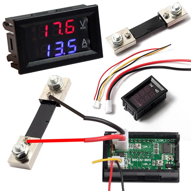 Dual Display Digital Voltmeter Ammeter Blue Red LED Amp Volt Meter with Current Shunt DC100V 100A