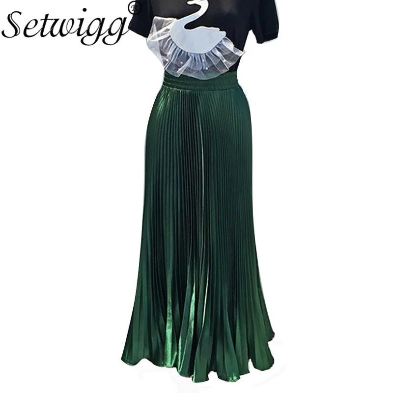 SETWIGG блестящая металлическая длинная Плиссированная юбка Весенняя женская эластичная талия с воланами по краям длиной до икры длинная юбка русалки SG511