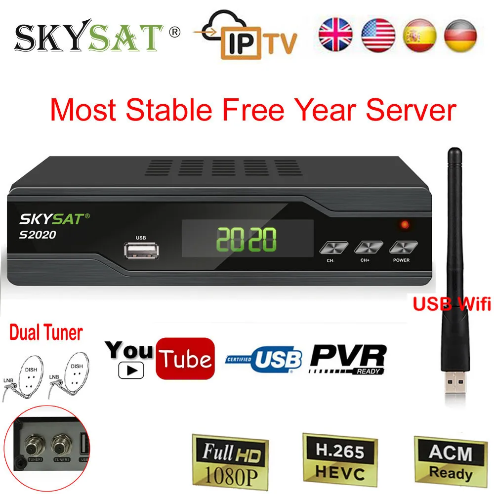

H.265 Satellite Receptor FTA DVB-S2 1080p Full HD 1 Year South America Clines Server 3G LAN IPTV ACM VCM Receiver + 1pc USB WIFI