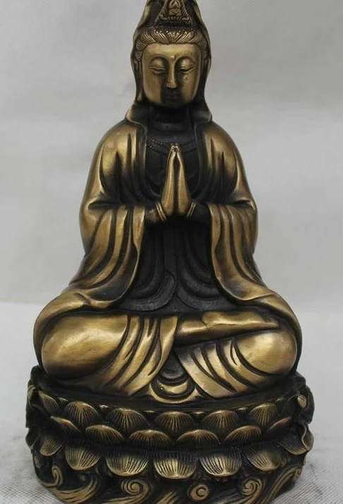 

10" Old Chinese Buddhism Bronze Seat Lotus Kwan-yin Guan Yin Goddess Statue