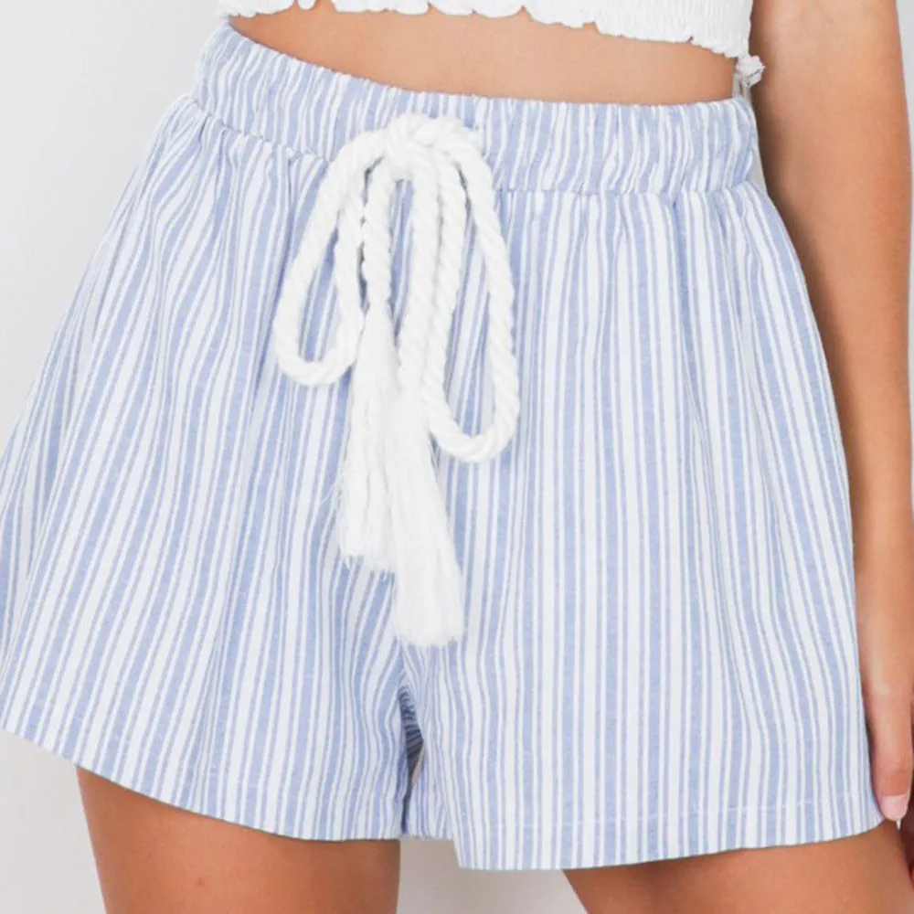 2017 Bohemian Women's Striped Summer Casual Shorts High Waist Stretch Drawstring Shorts Loose