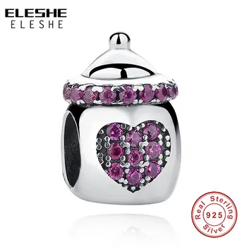 

ELESHE Fit Original Bracelet 925 Sterling Silver Feeding Bottle Charms Beads with Pink Crystal Heart Authentic Jewelry