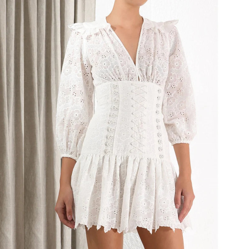 

2019 Runway Designer Elegant Woman Mini Dresses Deep V-Neck High Waist Hollow Out Ruffles Pleated Short Dress Beach Party Dress