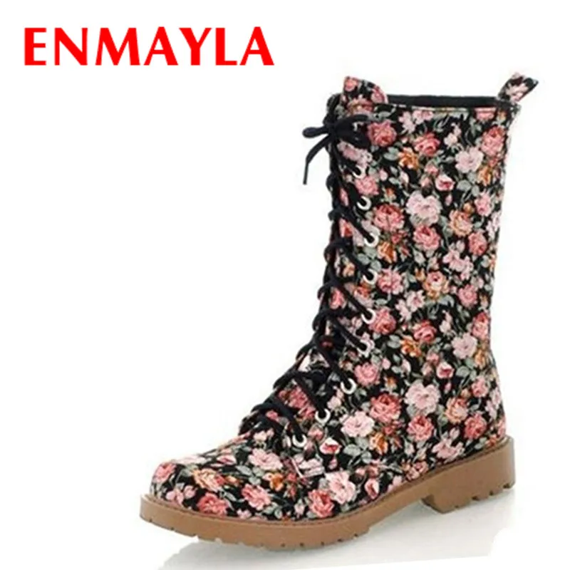 

ENMAYLA Autumn Winter Warm Lace-Up Canvas Floral Boots Women's Fashion Printed Flowers Boots Platform Shoes Woman Calf Boots