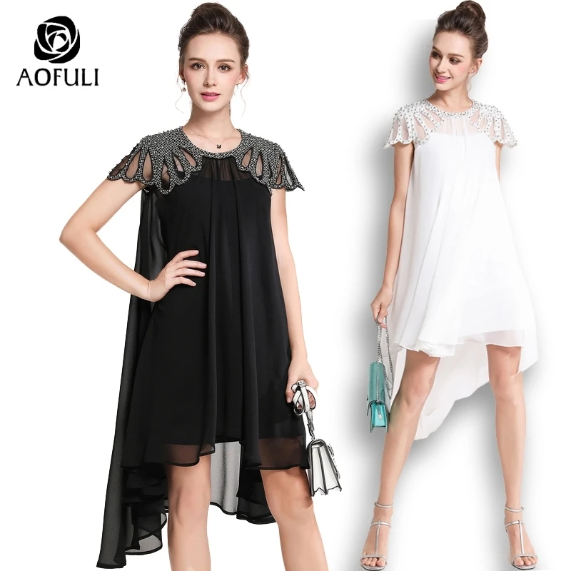 

AOFULI L- 3xl 4xl 5xl Punk Style Diamond Beads Chiffon Party Dress Women Summer Short Sleeve High Low Trumpet Casual Dress A3624