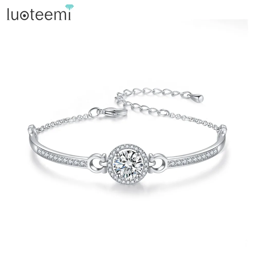 

LUOTEEMI Trendy Round Main Stone Link Chain Bracelets for Women Luxury Silves Fashion Jewelry Pulseira Feminina Christamas Gift
