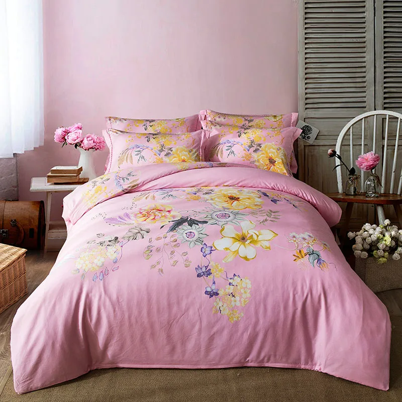 

Papa&Mima Light Pink Floral Flowers Bedding Set 4pcs Queen King Size Bedlinens Four Seasons Duvet Cover Set 100% Cotton