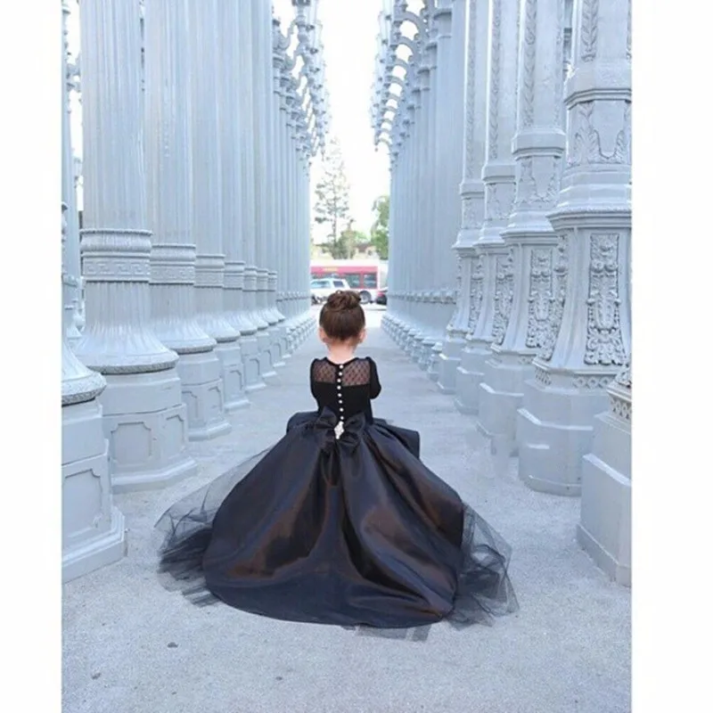 2016-Black-Ball-Gown-Flower-Girl-Dresses-With-Long-Sleeves-Little-Girls-Party-Dress-Hi-low (2)
