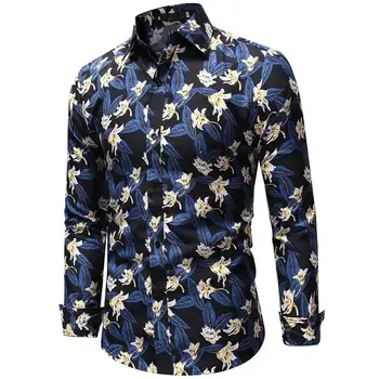 

Floral Print Hawaiian Shirt Men Casual Blouse Men Slim Fit Mens Long sleeve Shirt Blue Yellow