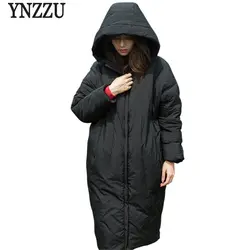 YNZZU Новая зимняя Женская пуховая куртка Harajuku однотонная длинная 90% белое пуховое пальто свободная теплая верхняя одежда с капюшоном