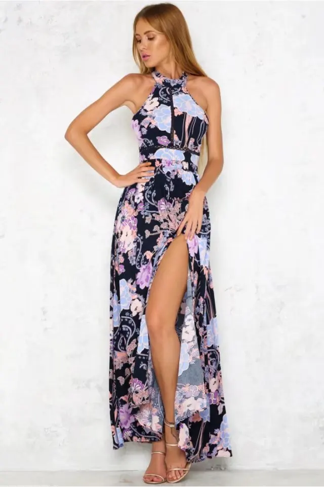 Vintage Robe Noir New Longue Dos Sans Maxi Printemps 2018 Impression Élégant Nu Femmes Style Slim Halter Robes Boho De Manches YwgqgtH