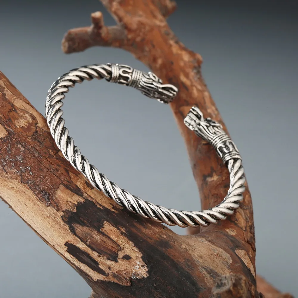 Kinitial Men Nordic Viking Dragon Bangle Antique Jewelry Silver Color Bronze Open Cuff Bracelet Scandinavian Costume Accessories bangle bracelet