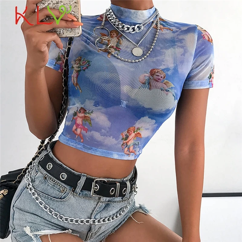 

Tee Shirt Femme Women Angel Summer Tops Turtleneck Harajuku Short Sleeve Modis Ladies TShirt 2019 Female Et Chemisier 19Feb13