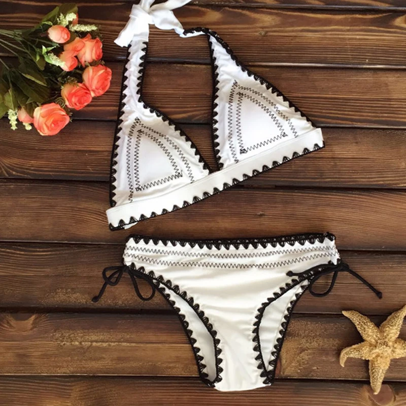 

Bikini 2018 Sexy Handmade Crochet Halter Bikini Set Two Pieces Swimsuit Female Embroidery Swimwear Women Bikinis Bathing Suit