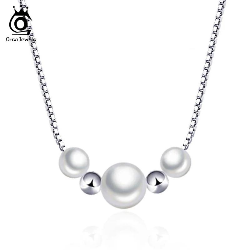 

ORSA JEWELS Silver 925 Pendant Necklaces High Quality Shell Pearl Pendants Round Black White Pearl Necklace Girl Jewelry OPSN25