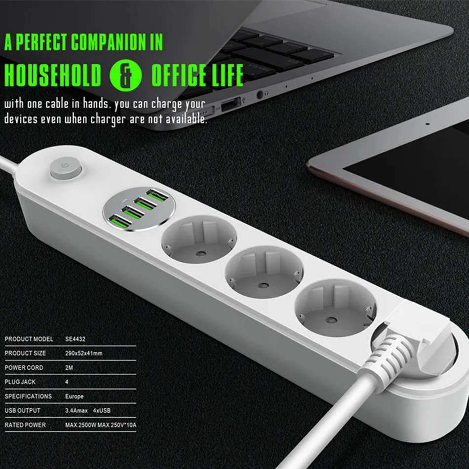 

SE4432 LDNIO 2 m European Standard Plug Multi-function 4USB Wiring Socket Non-slip