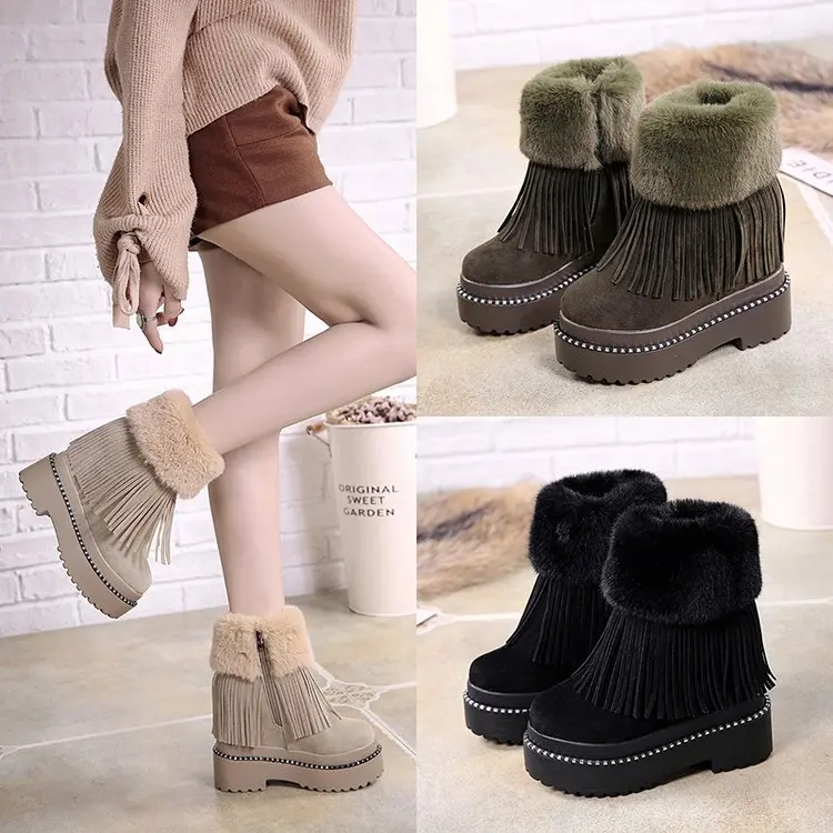 

Woman Ankle Snow Boots Platform Winter 2018 Female Casual Shoes Wedge 13 CM Lady Solid Short Boots Velvet Fur Snowboots