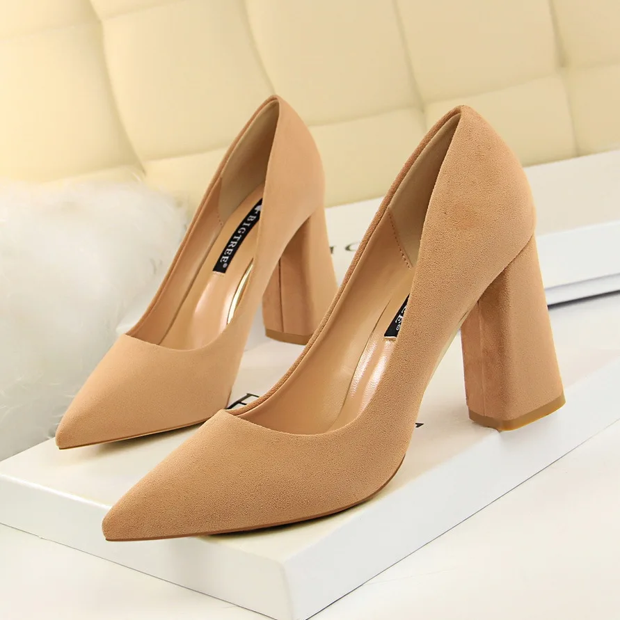 

Casual Women Pumps Sexy Soft Flock Wedding Shoes High Heel Work Shoes Pointed Toe Pumps Shallow Scarpe Donna Square Heels Shoes