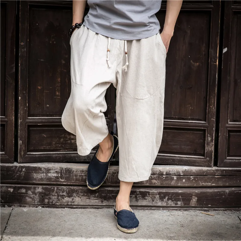 2022 Man Cotton Linen Wild Leg Pants Casual Loose Calf-Length Pants Man Bloomers Summer Baggy Male Traditional Pants Trousers linen harem pants