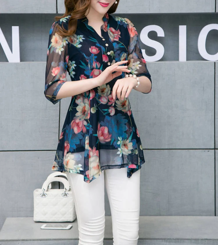 New 2020 Summer Shirt Womens Tops and Blouses Floral Blouse Print Casual Female Plus Size 5XL V-neck