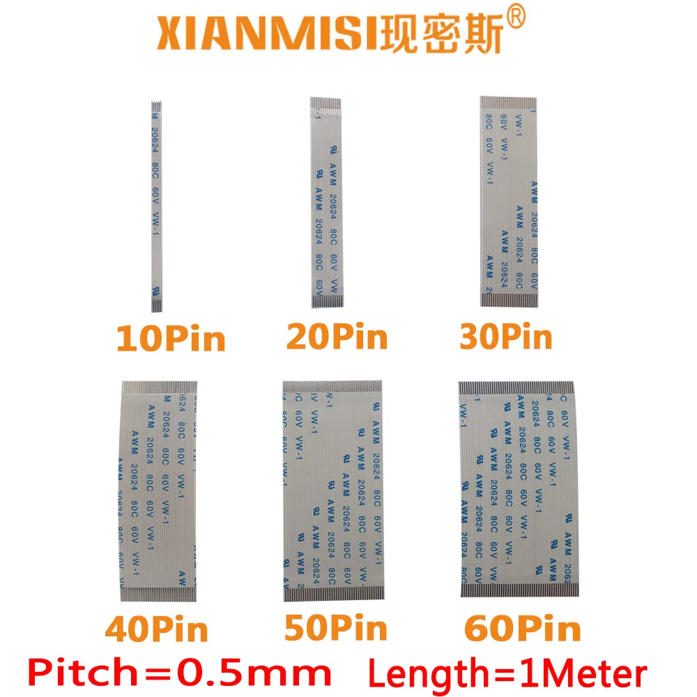 

FFC/FPC Flat Flex Extension Cable 10Pin 20Pin 30Pin 40Pin 50Pin 60Pin Same Side 0.5mm Pitch AWM VW1 20624 60V Length 1Meter 5PCS