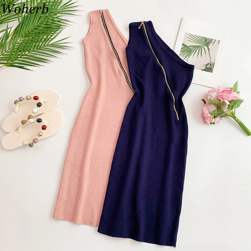 

woherb elegant one shoulder summer elastic knitted party dress women 2019 sexy casual mini pencil bodycon dress vestidos 22300