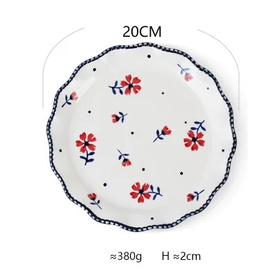 Керамические Столовые приборы круглый красный цветок печатных под глазурованной фарфоровой посуды ложка тарелка чаша креативный подарок кухонный пищевой контейнер - Цвет: K 8 inch plate