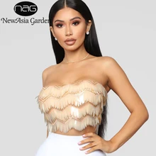 Женский укороченный топ NewAsia Garden с золотыми пайетками, сексуальный топ-труба, сетчатый топ с бахромой, женские укороченные топы, Осенние вечерние топы с пайетками