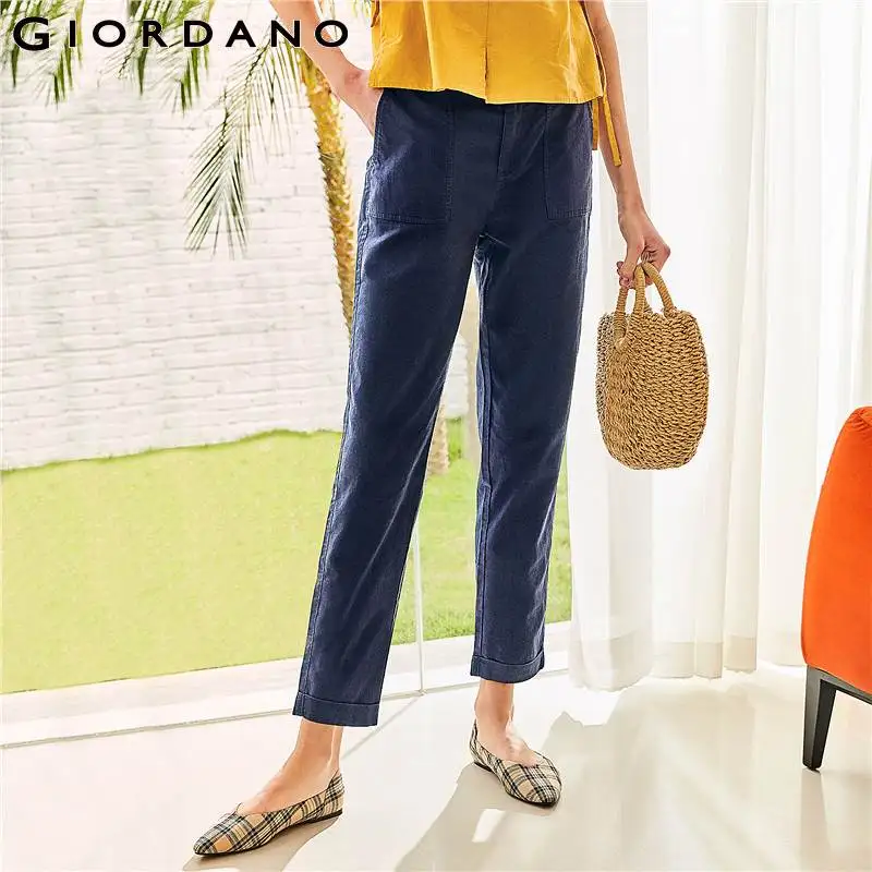 

Giordano Women Pants Linen Cotton Casual Pants Ladies Ankle Length Trousers For Women Rolled-up Cuffs Pantalon Femme