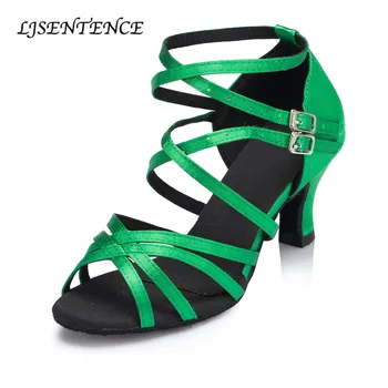 

Women's Satin Latin dance shoes green bronze Salsa Party Square dance social dance sandals high medium low customized heels