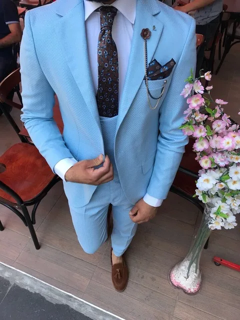 

Custom Made Groomsmen Blue Groom Tuxedos Peak Lapel Men Suits Wedding Best Man Bridegroom Suits For Men( Jacket + Pants + Vest)