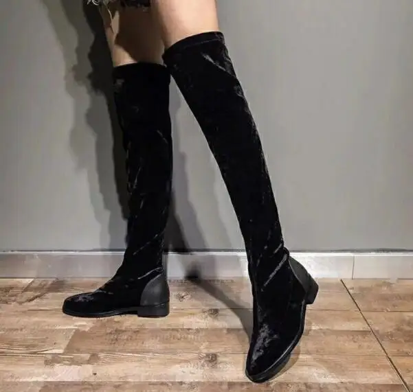 

Dipsloot 2019 Women Flock Slip-on Knee High Boots Ladies Round Toe Square Low Heels Long Boots Girls Patchwork Casual Shoes