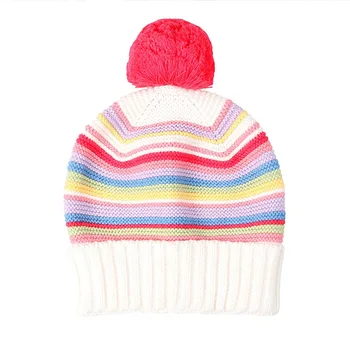 

Rainbow Stripe Baby Beanies Warm Hat Winter Thick Crochet Cotton Infant Girls Caps High Quality Comfortable with Pompom 2019 New